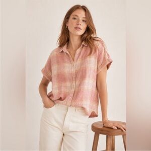 Madewell Hilltop Shirt Pink Cream Plaid Button Front Top Medium